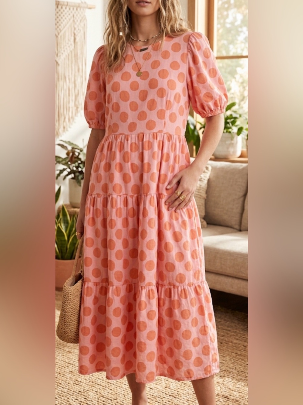 Who what wear Polka Dot Tiered‎ Dress L church festival summer boho office danty